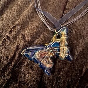 Necklace Y2K Art Pendant Butterfly Fused Dimensional Dichroic Glass 9" Drop
